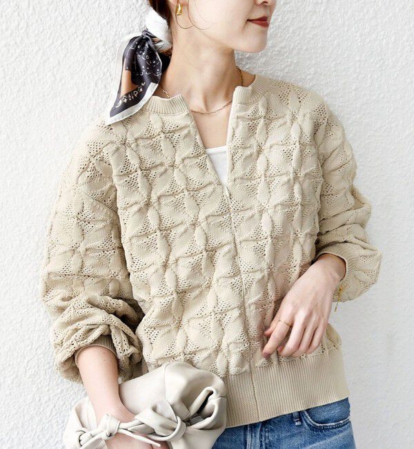 SHIPS for women「【WEB限定】〈洗濯機可能〉2WAY フラワー ジャカード ハーフ ジップ プルオーバー」|ニット・セーター|ベージュ