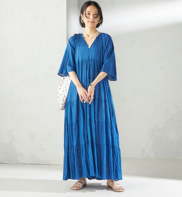 SHIPS for women「《一部追加予約》【WEB限定】〈手洗い可能〉Fanaka:クリンクル 袖 フレア ロング ワンピース」|ワンピース|