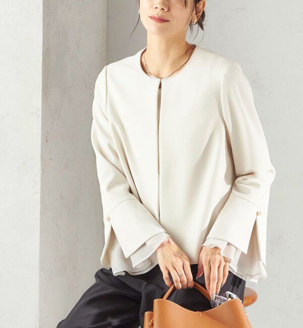 SHIPS for women「ダブル クロス 重ね袖 ノーカラー ジャケット（セレモニー対応可）」|ノーカラージャケット|オフホワイト