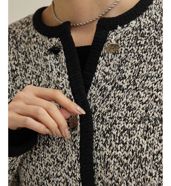 ROPE「スパンコールミックスノーカラーニットジャケット/洗える」|ノーカラージャケット|