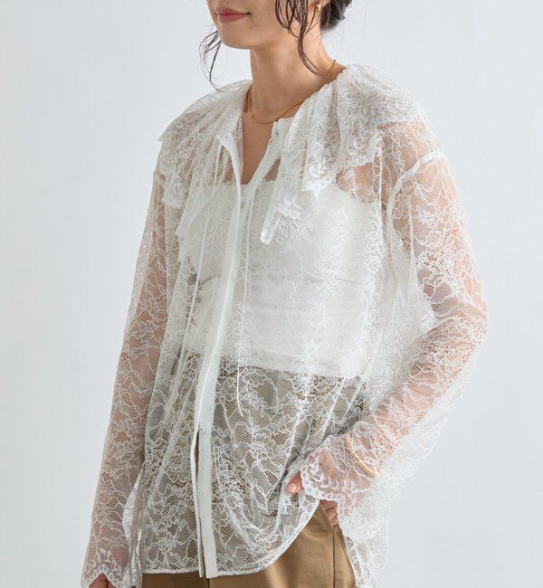  「【繊細なレースがアクセントに】フリルカラーレースブラウス」|シャツ・ブラウス|オフホワイト