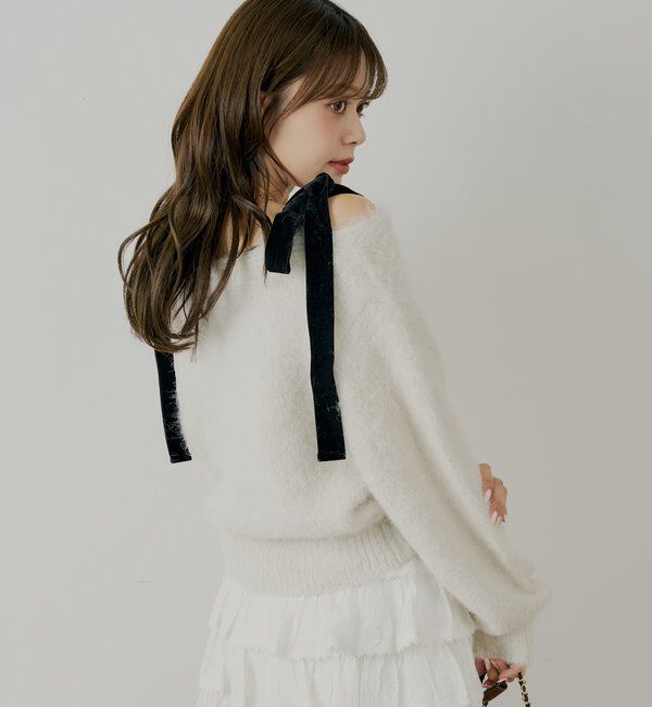  「【ブローチ取外し可】ベロアリボンルーズニットカーディガン」|カーディガン|