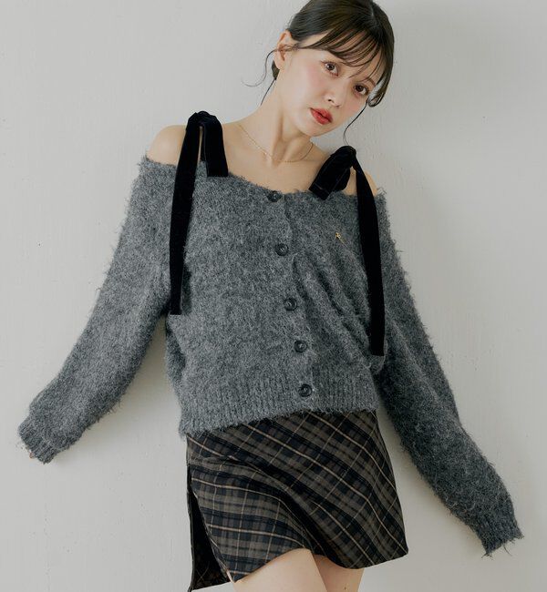  「【ブローチ取外し可】ベロアリボンルーズニットカーディガン」|カーディガン|