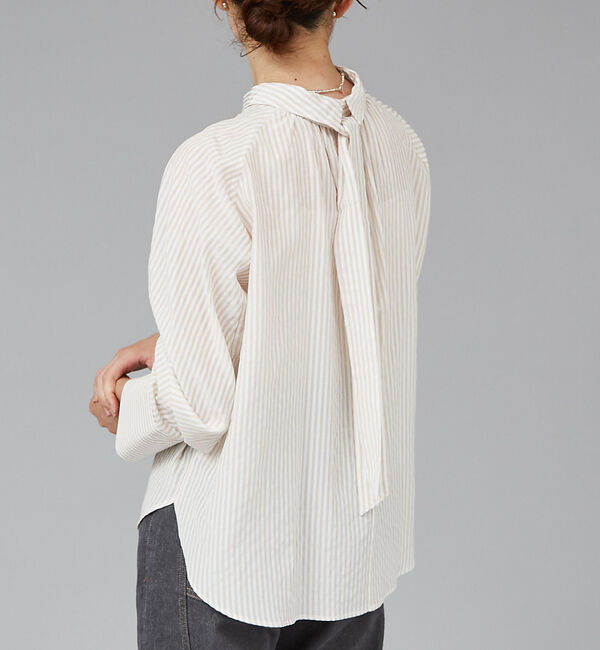 qualite「ストライプハイネックギャザーブラウス」|シャツ・ブラウス|ベージュ