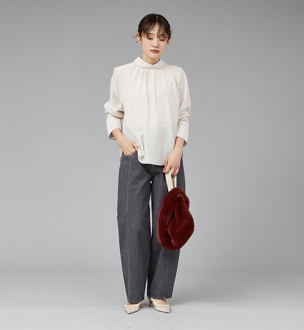 qualite「ストライプハイネックギャザーブラウス」|シャツ・ブラウス|