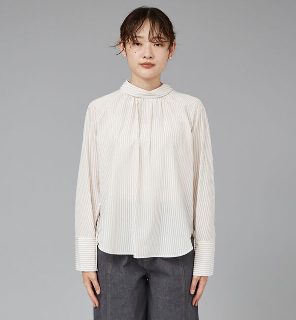 qualite「ストライプハイネックギャザーブラウス」|シャツ・ブラウス|
