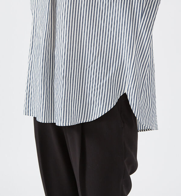 qualite「ストライプハイネックギャザーブラウス」|シャツ・ブラウス|