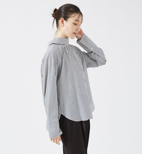 qualite「ストライプハイネックギャザーブラウス」|シャツ・ブラウス|