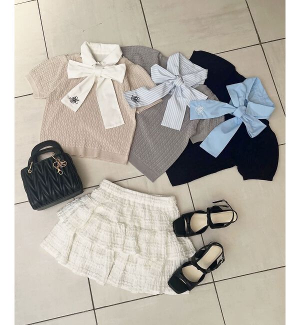  「リボンセットドッキング半袖ニット」|ニット・セーター|