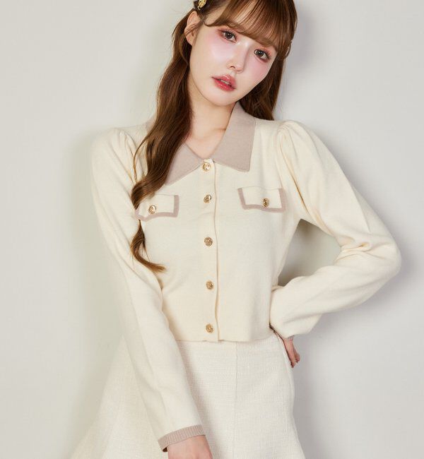  「金ボタン配色衿ニット」|ニット・セーター|アイボリー