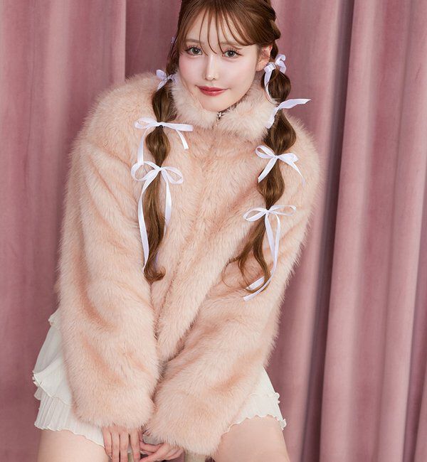  「フェイクファーショートブルゾン」|ダウンベスト・ベスト|ピンク