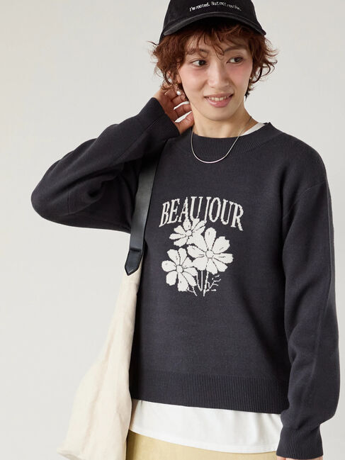 Lugnoncure「フラワーモチーフロゴニットプルオーバー」|ニット・セーター|チャコールグレー