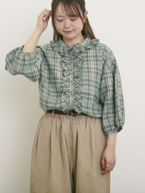 Samansa Mos2「【Cross&times;Linen】フリルブラウス」|シャツ・ブラウス|グリーン