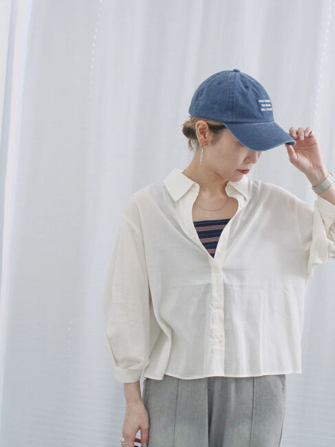 Samansa Mos2 blue「ショート丈シャーリングブラウス」|シャツ・ブラウス|