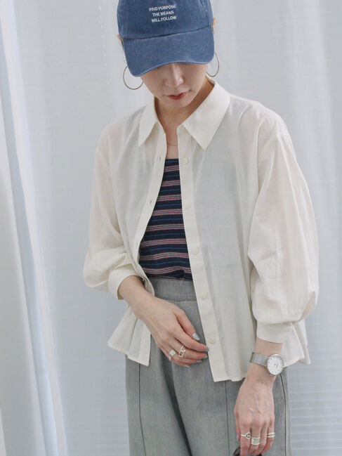 Samansa Mos2 blue「ショート丈シャーリングブラウス」|シャツ・ブラウス|