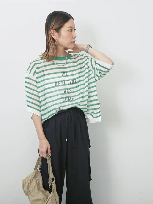 Samansa Mos2 blue「ボーダーロゴニットプルオーバー」|ニット・セーター|