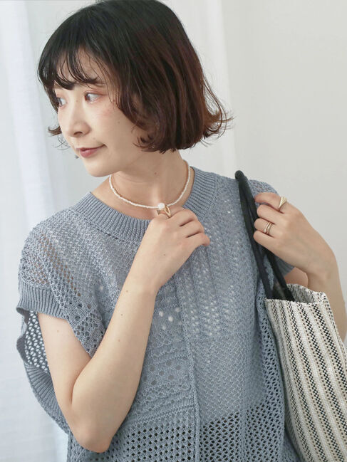 Samansa Mos2 blue「麻タッチパッチワークニットベスト」|ニット・セーター|