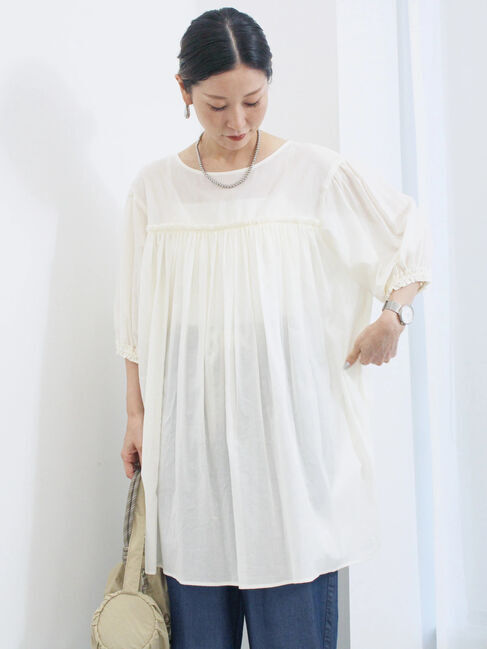 Samansa Mos2 blue「ボイルギャザーチュニック」|シャツ・ブラウス|オフホワイト