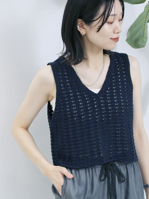 Samansa Mos2 blue「テープヤーン透かしニットベスト」|ニット・セーター|