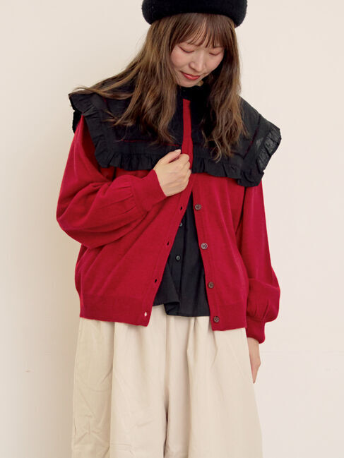 Samansa Mos2「刺繍入りパフスリーブカーディガン」|カーディガン|レッド