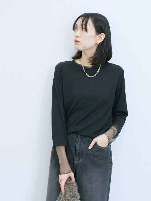 Samansa Mos2 blue「膨れジャガード袖チュールプルオーバー」|Tシャツ・カットソー|