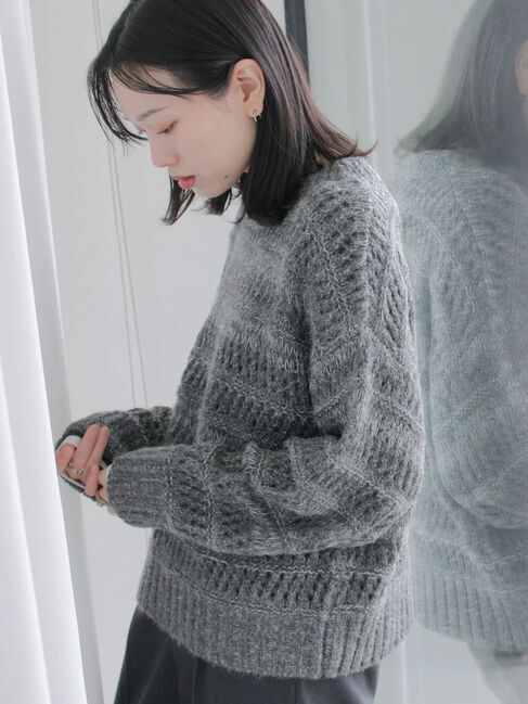 Samansa Mos2 blue「透かし柄ニットプルオーバー」|ニット・セーター|チャコールグレー