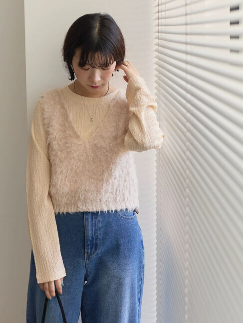 Samansa Mos2 blue「ふくれジャカードクルーネックプルオーバー」|Tシャツ・カットソー|