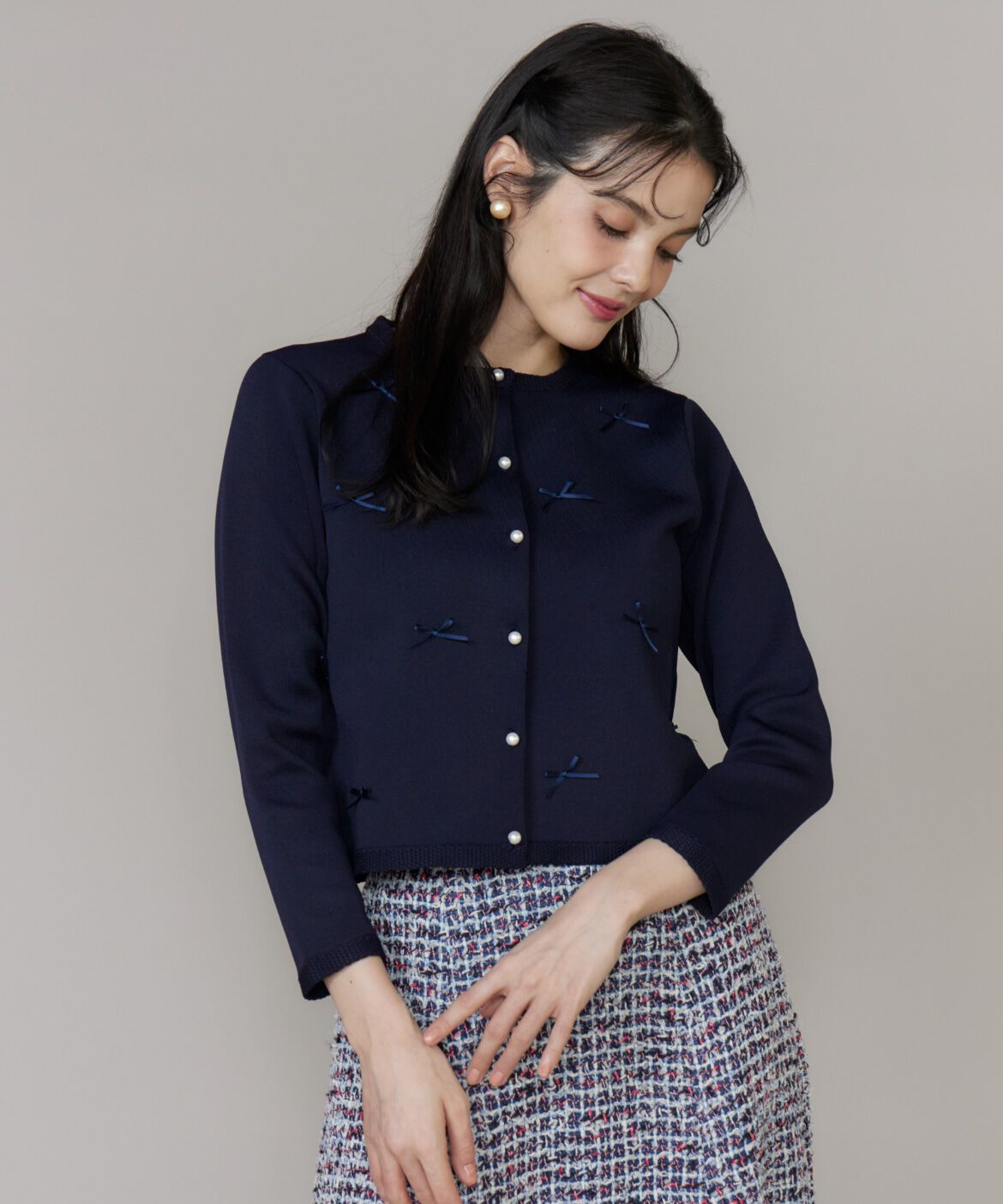 Maglie le cassetto「《大きいサイズ》サテンリボンニットジャケット」|その他|ネイビー