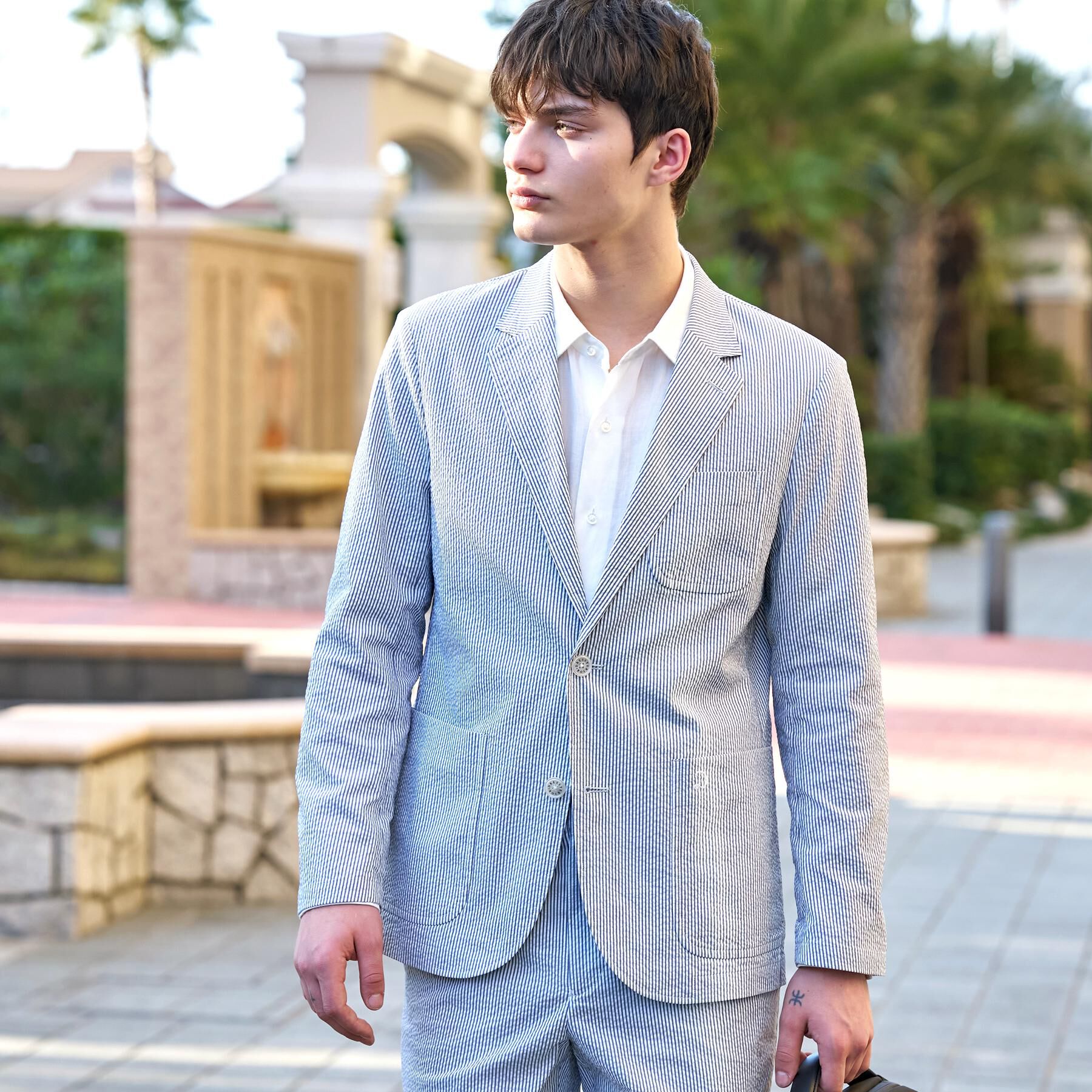 DRESSTERIOR「【吸湿速乾/セットアップ可】COOLMAX シアサッカー サマージャケット」|テーラードジャケット|ブルー(293)