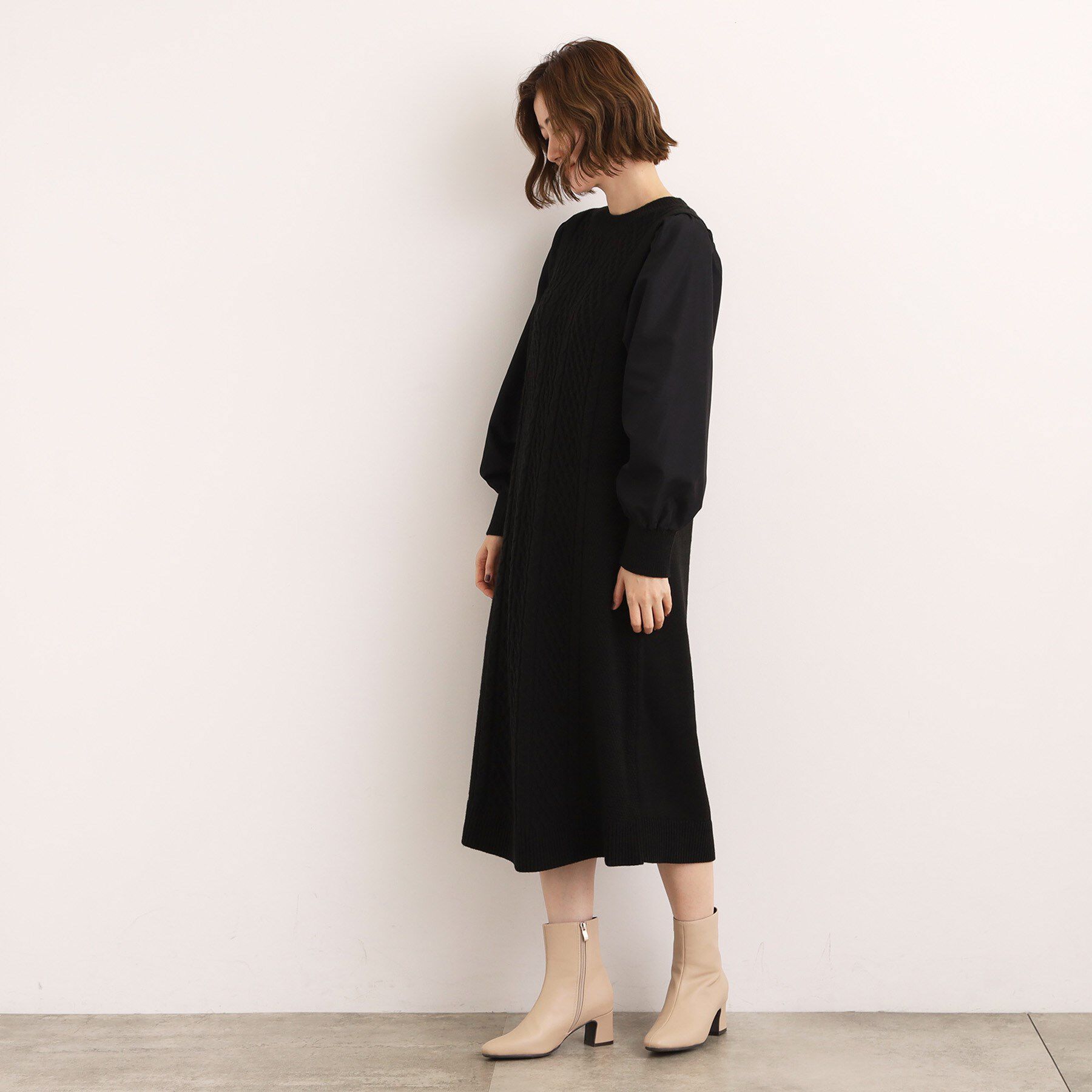 grove「一枚で華やぐ、袖布帛ケーブルニットワンピース」|ワンピース|