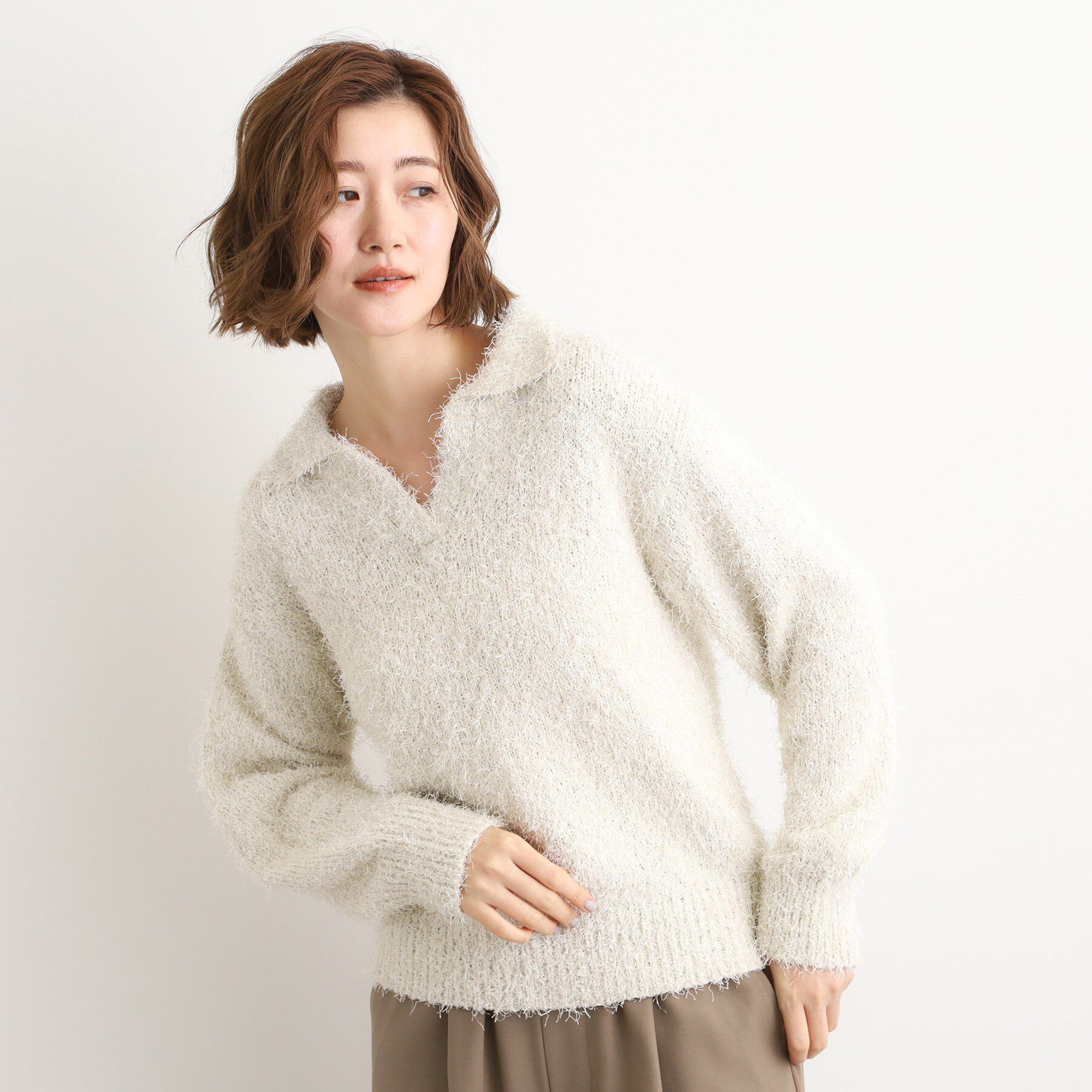 grove「【最終お値下げ！！】ラメフェザーヤーン オープンカラーニット」|ニット・セーター|