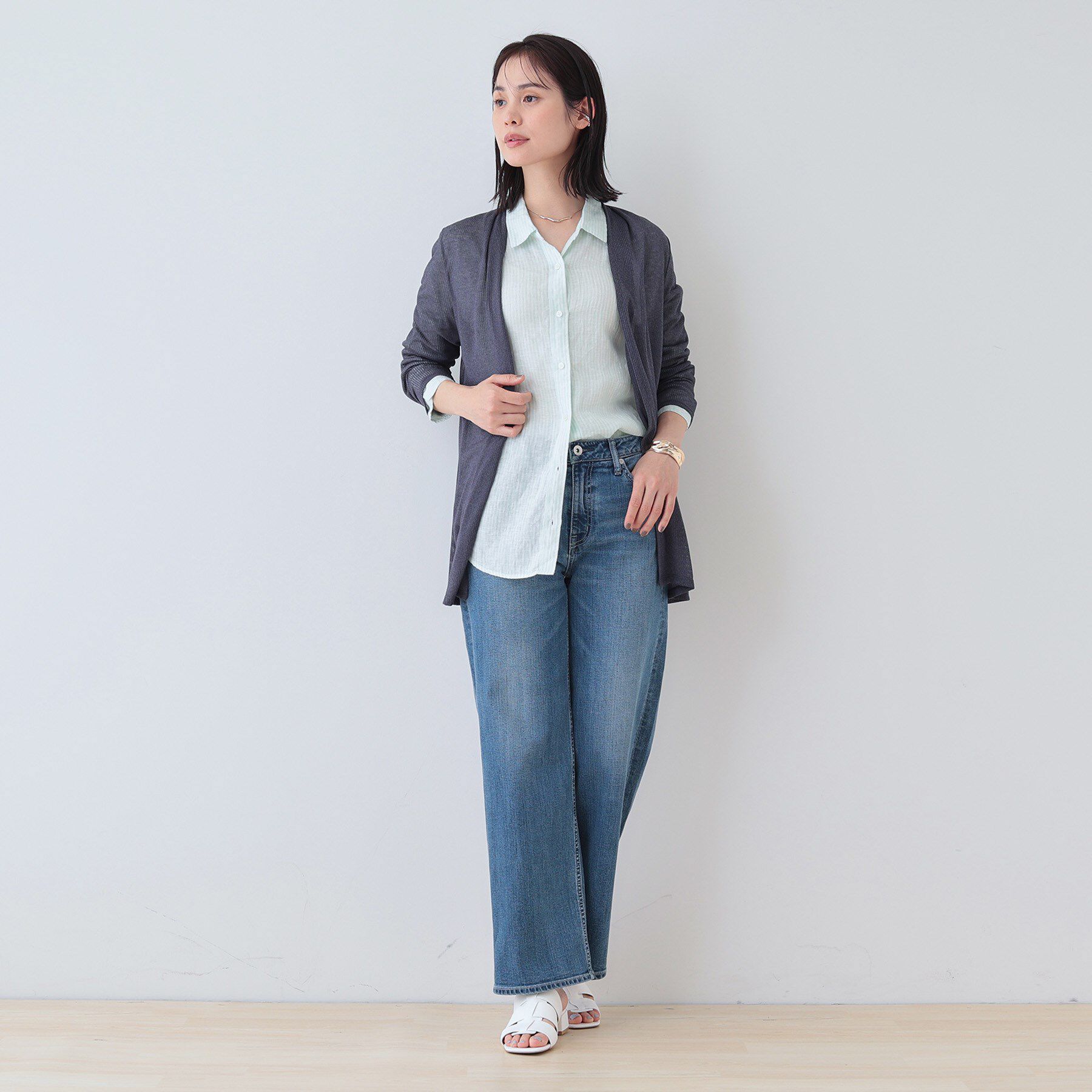 INDIVI「【洗える／シアーストライプ柄】着流しジャージカーディガン」|カーディガン|