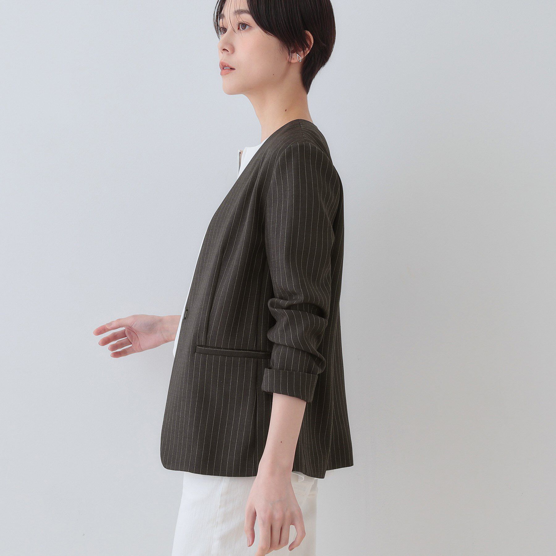 INDIVI「【こなれSETUP】リネンライクノーカラージャケット」|ノーカラージャケット|