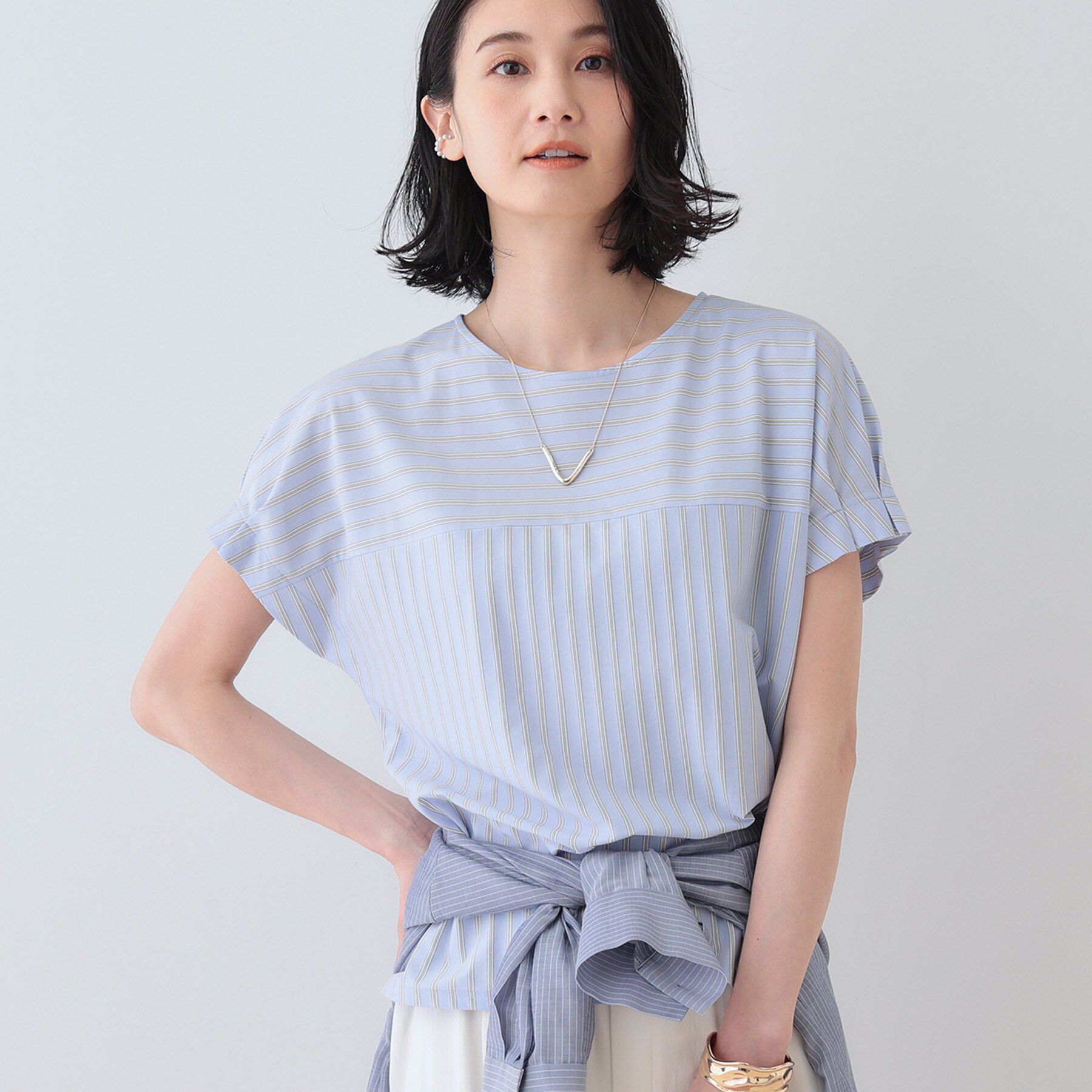 INDIVI「【洗える／ストライプ柄】袖タックブラウス」|シャツ・ブラウス|ブルー(391)