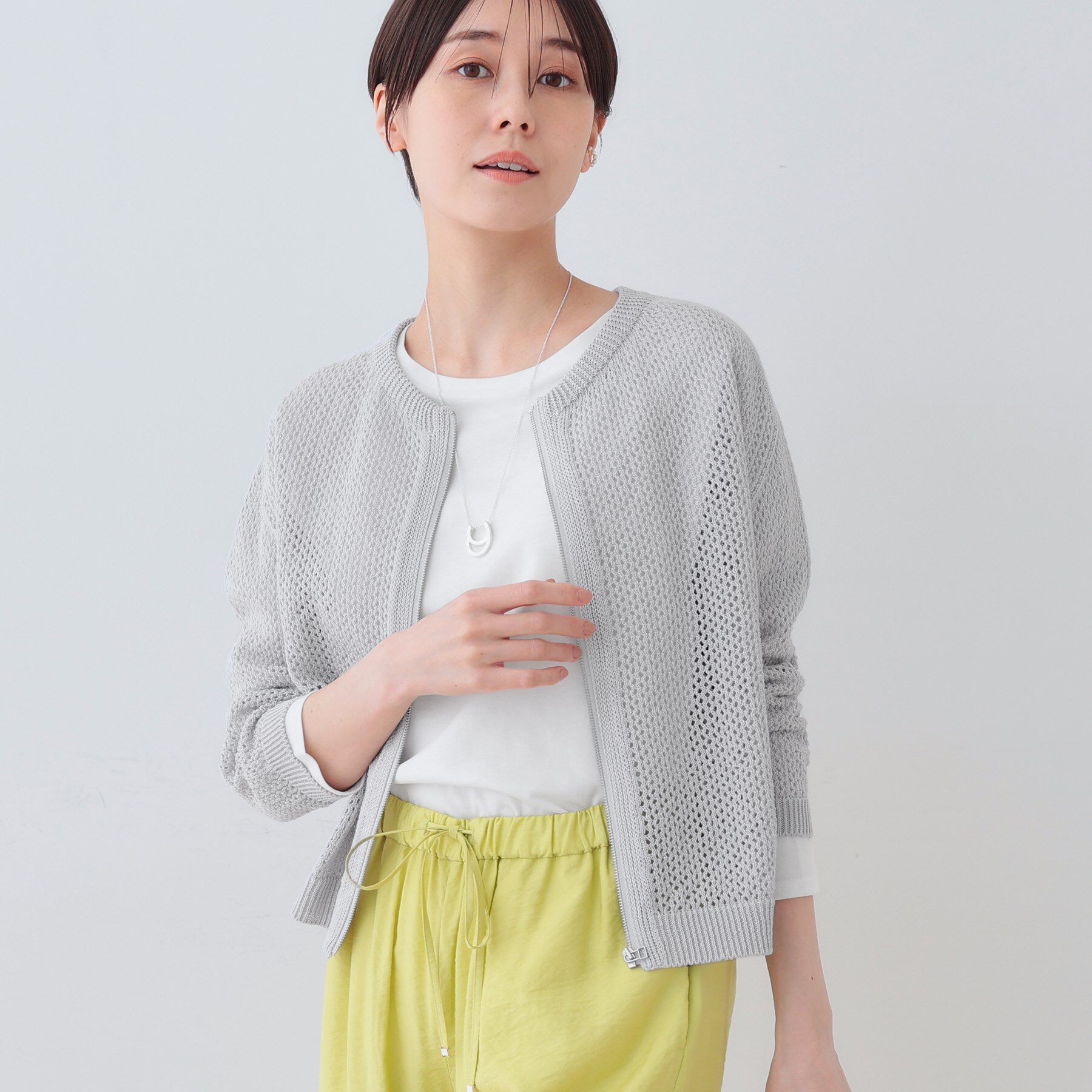 INDIVI「【洗える／コットン100％】メッシュ柄ニットブルゾン」|カーディガン|