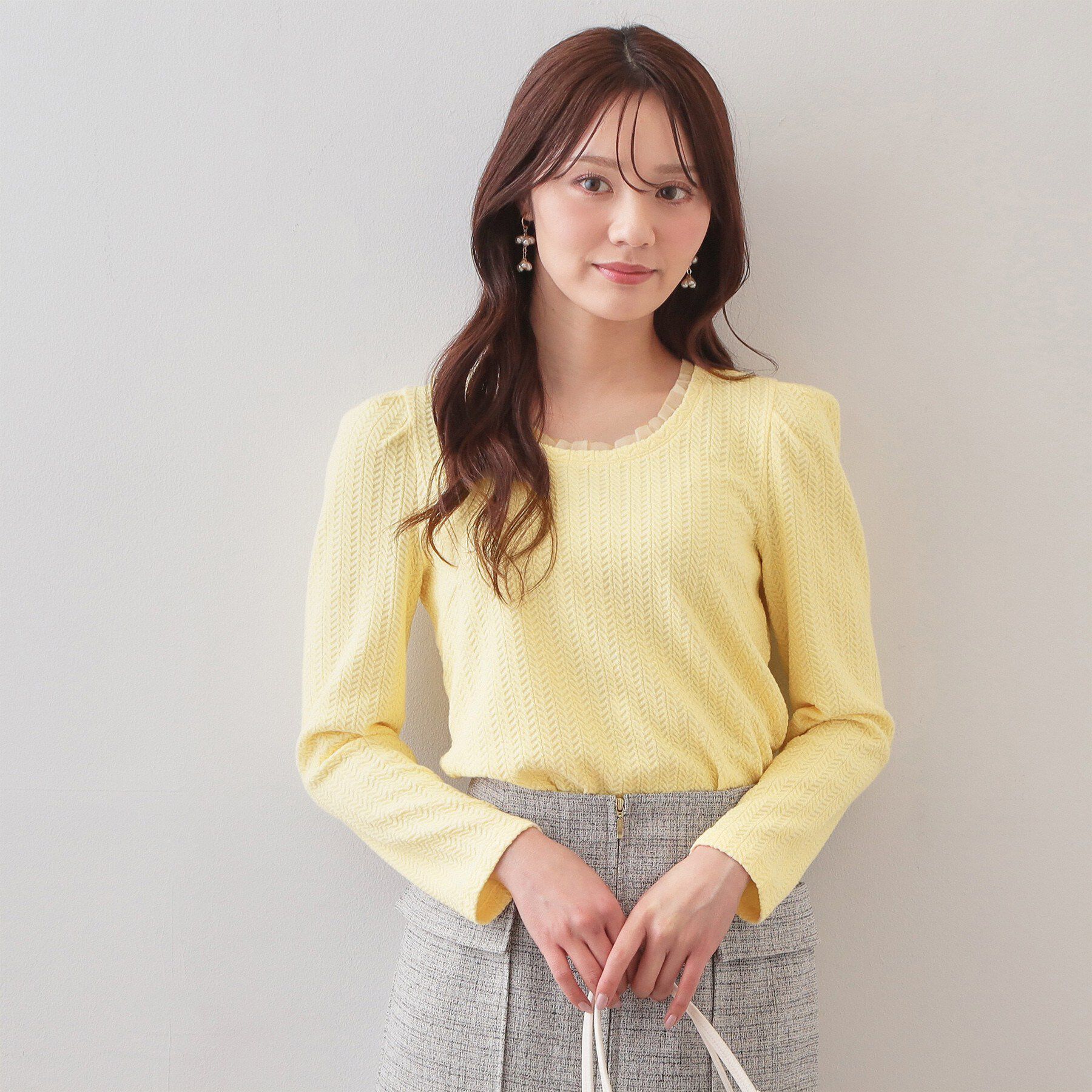 index「衿チュールデザインケーブルジャガードトップス【洗濯機OK】」|Tシャツ・カットソー|ライトイエロー(03