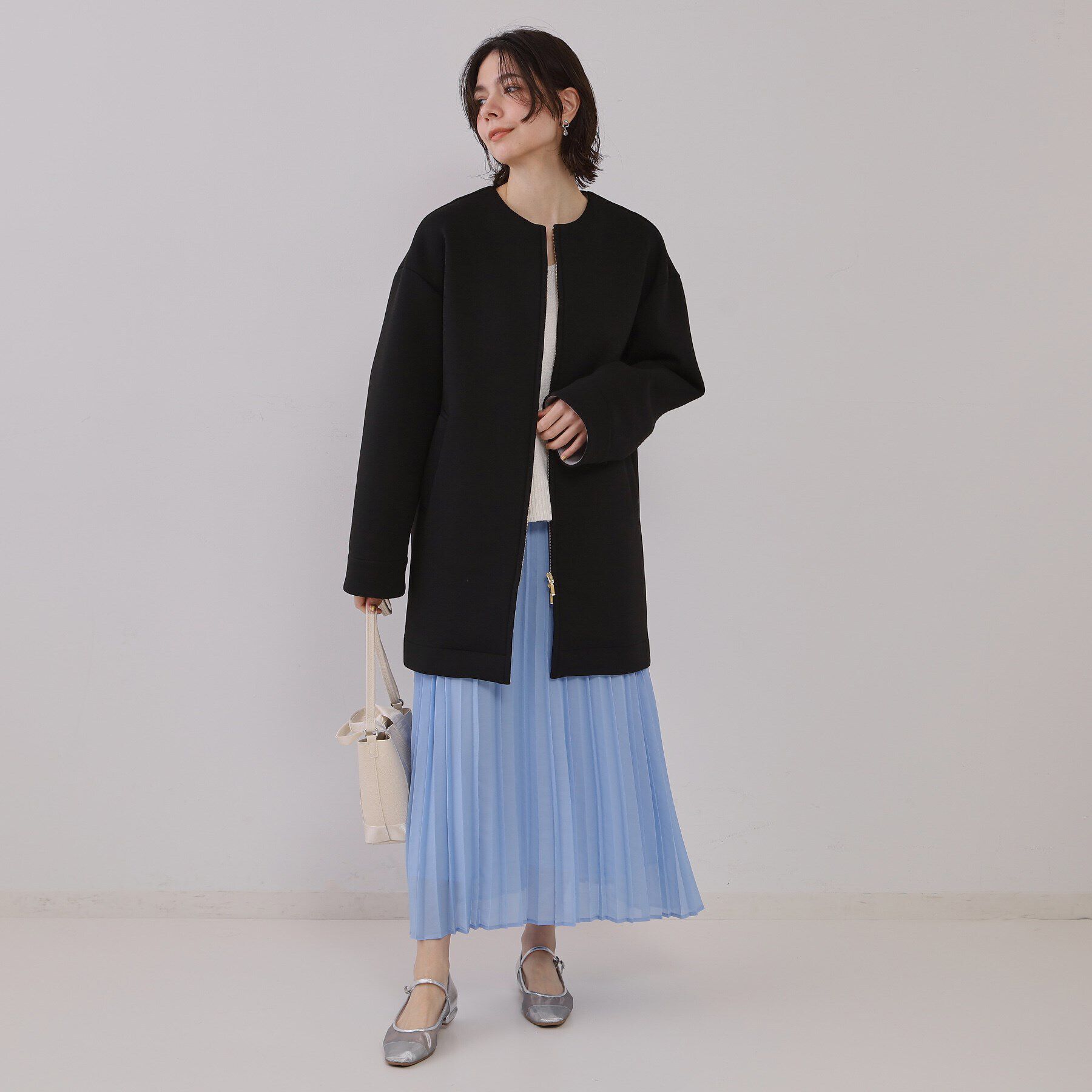 OPAQUE.CLIP「ノーカラーZIPミドルコート【洗濯機洗い可/抗ピル】」|ノーカラーコート|