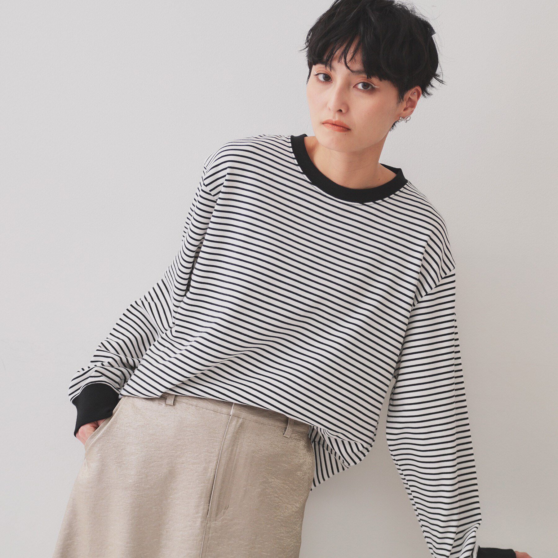 OPAQUE.CLIP「ボーダールーズフィットカットソー【洗濯機洗い可】」|Tシャツ・カットソー|ブラック(319)