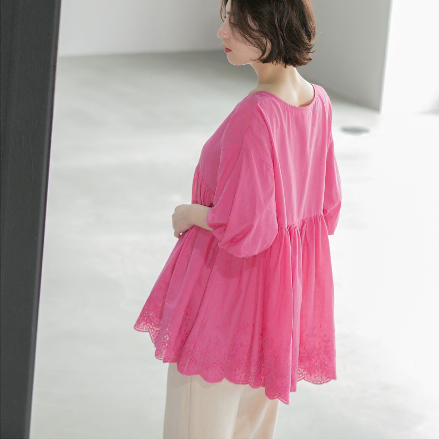 OPAQUE.CLIP「バルーン袖スカラップ刺繍レースチュニック」|シャツ・ブラウス|