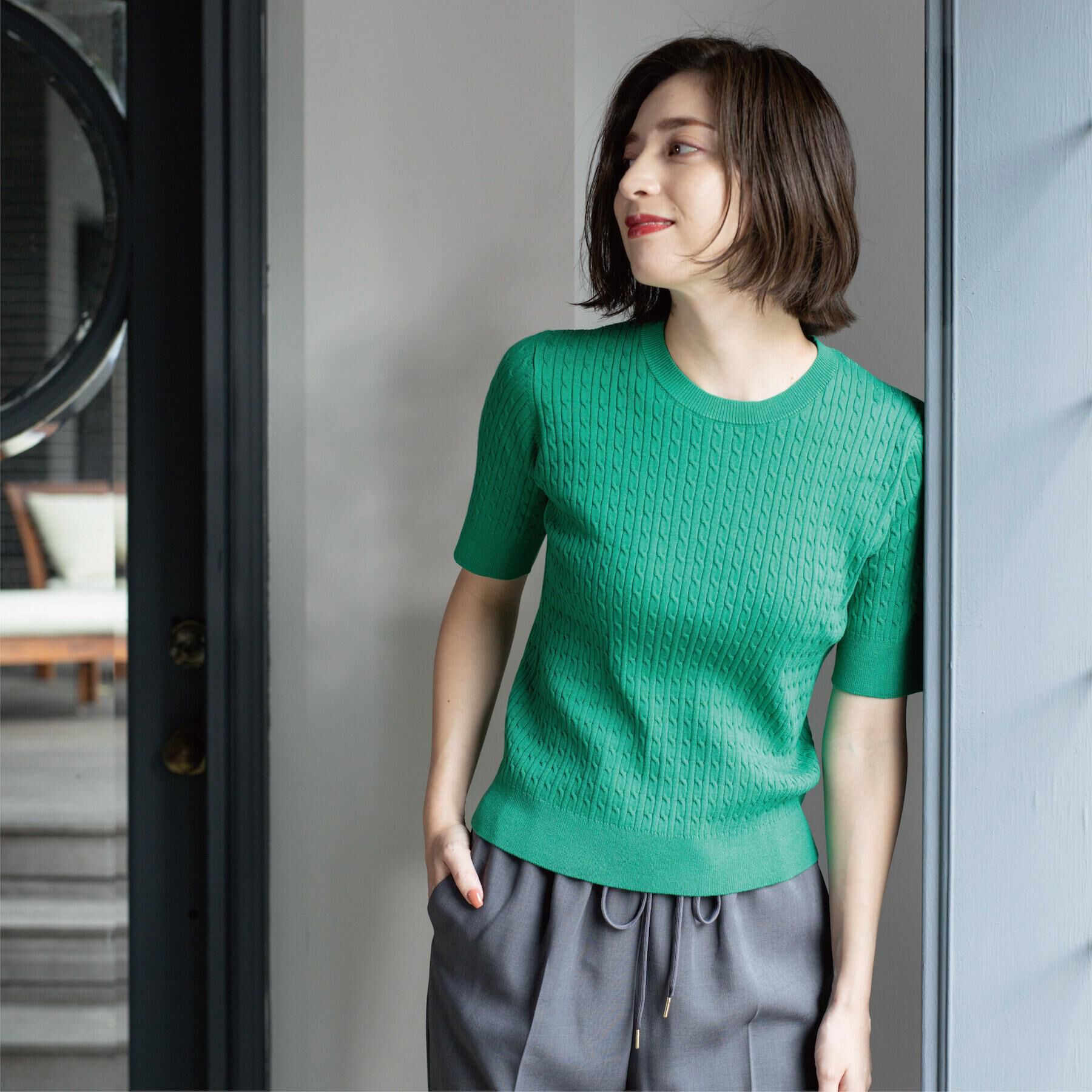 OPAQUE.CLIP「ケーブルハーフスリーブニット【UVケア/洗濯機OK】《6col/S～LL》」|ニット・セーター|