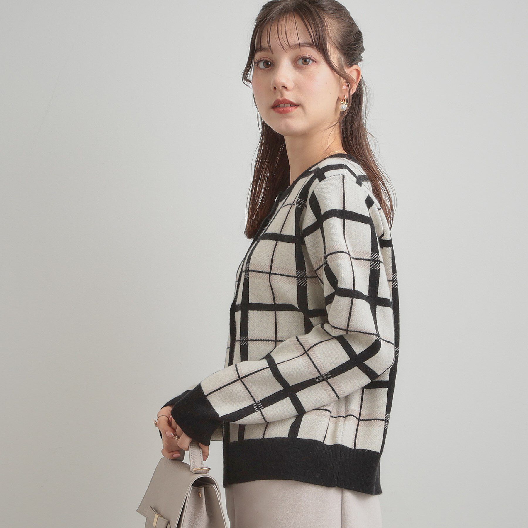 Couture broach「【大人可愛い・通勤】チェックジャカード ニットカーディガン」|カーディガン|