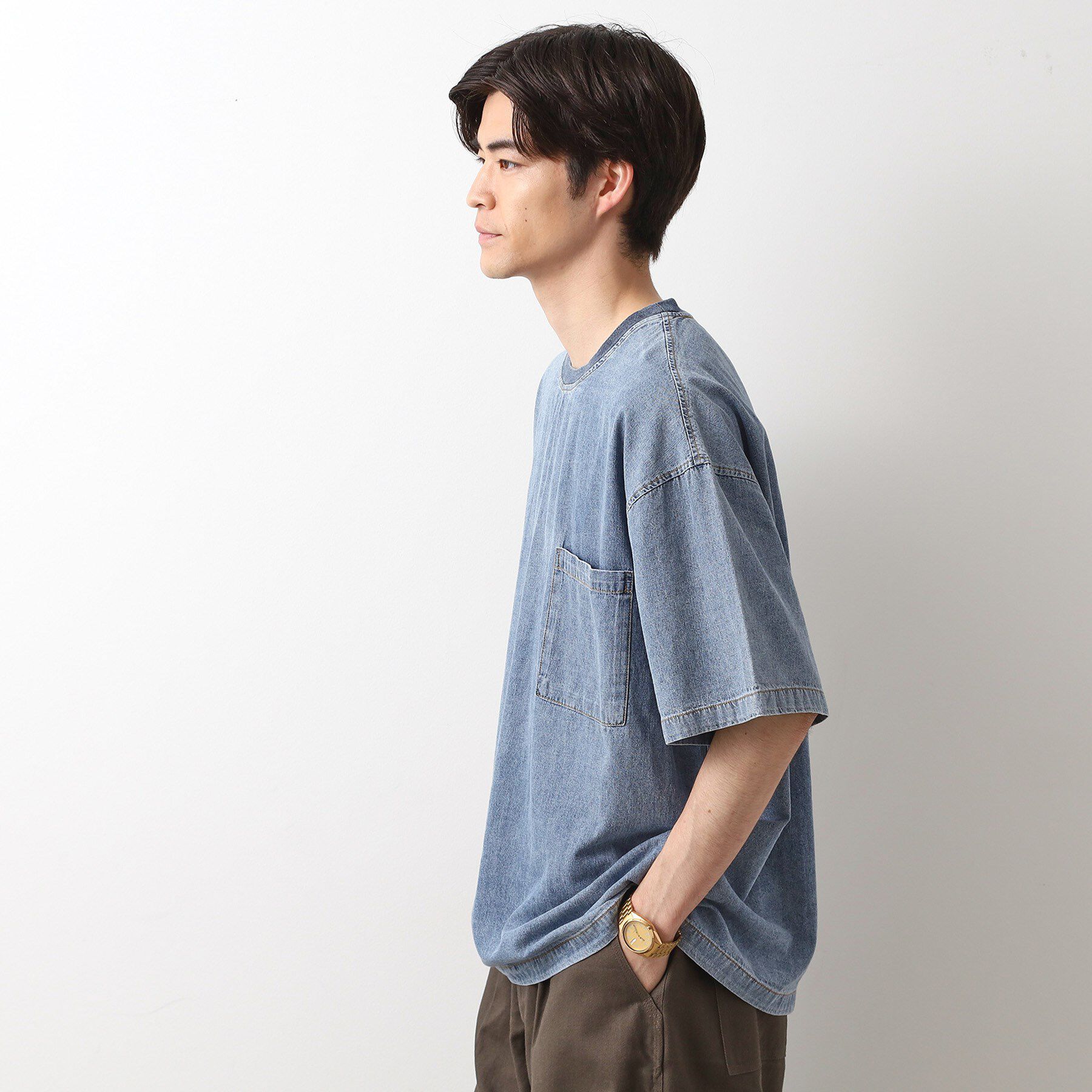 THE SHOP TK「ライトデニム半袖Tシャツ【洗濯機OK】」|Tシャツ・カットソー|