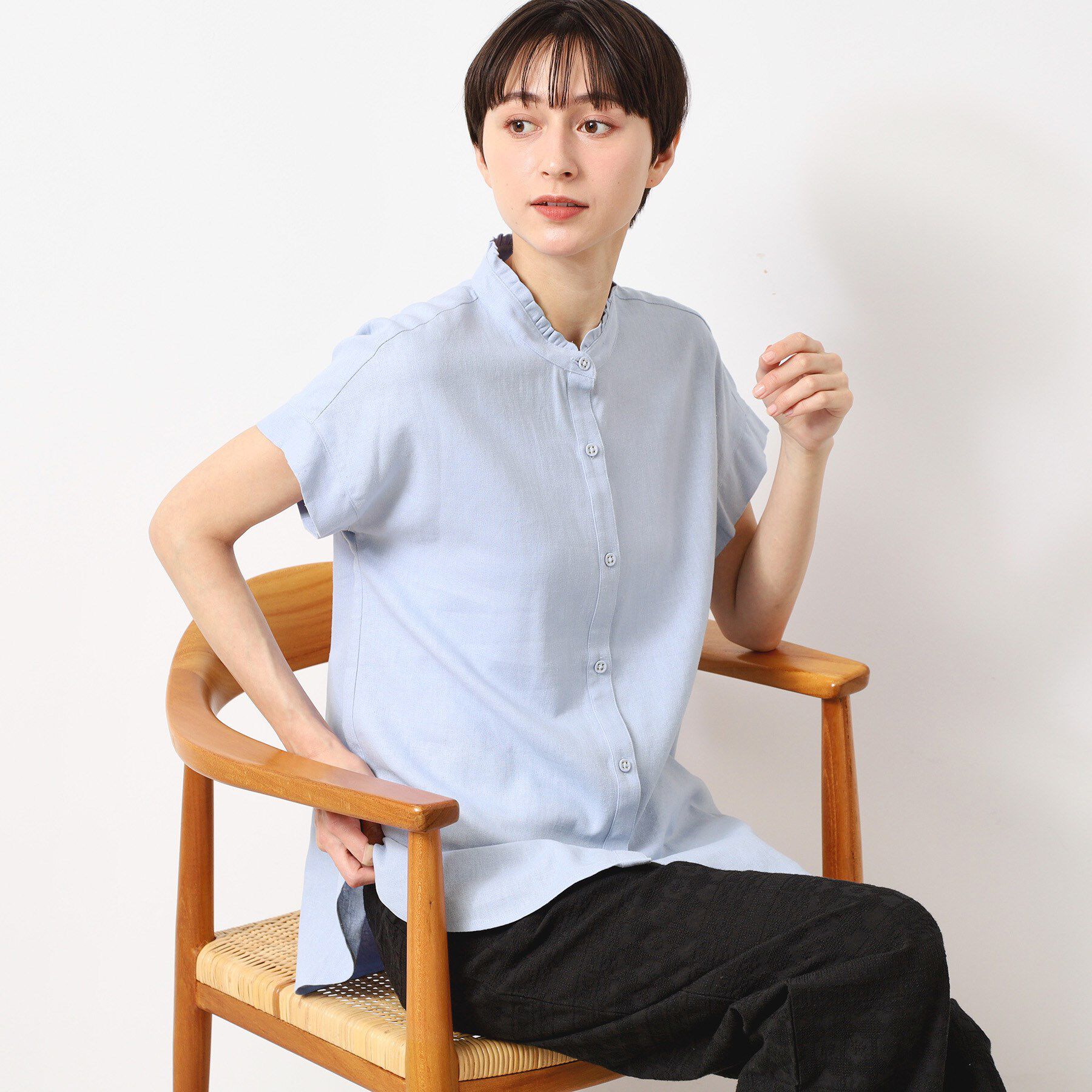 Dessin「【洗える】フリルネックシャツ（XS～L）」|シャツ・ブラウス|ブルー(091)