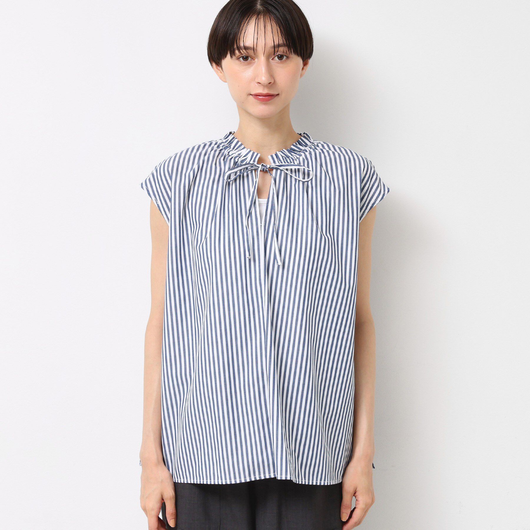 Dessin「【洗える】ストライプ柄フレンチスリーブスキッパ―ブラウス」|シャツ・ブラウス|