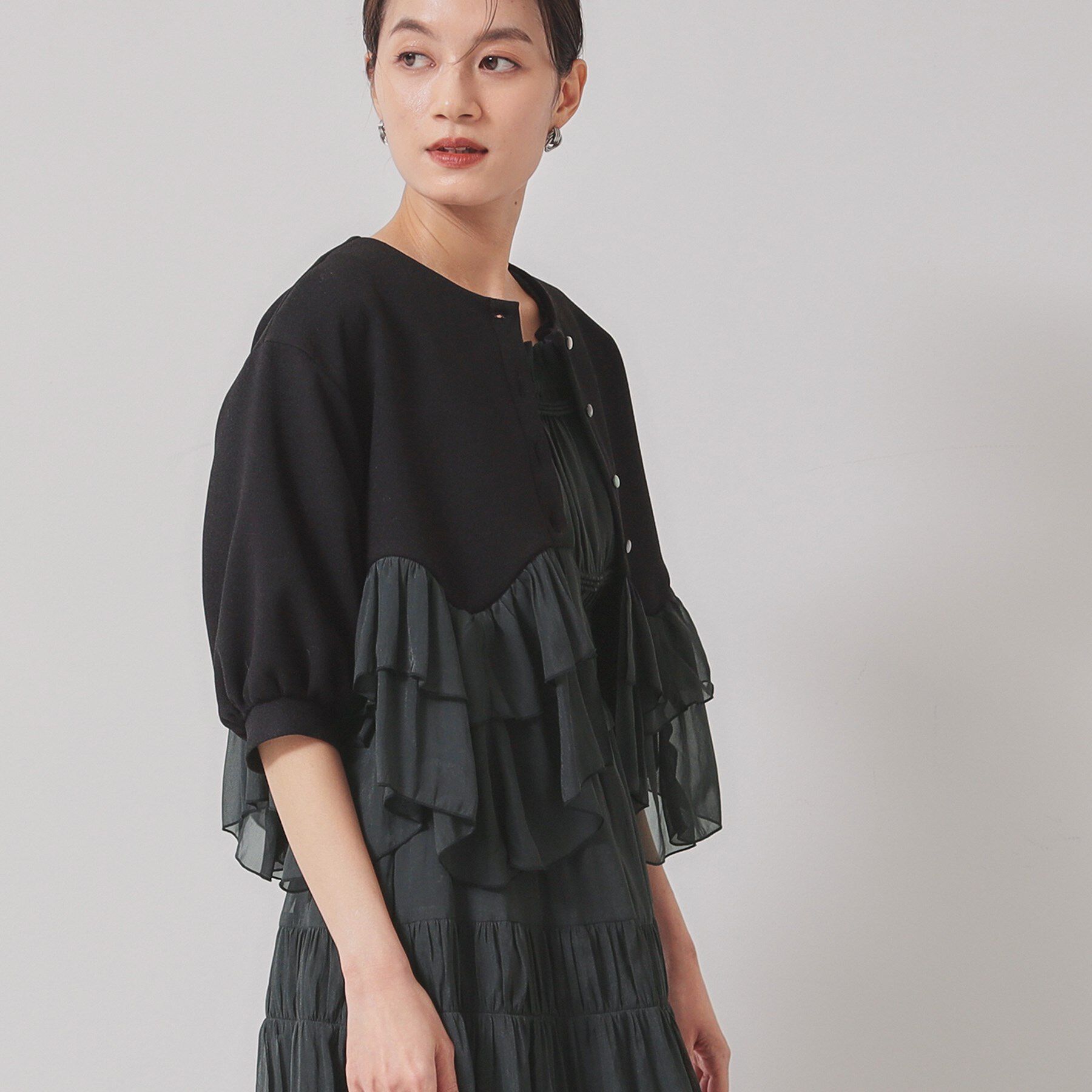 SunaUna「【裾シフォン／パフスリーブ】ペプラムブルゾン」|カーディガン|