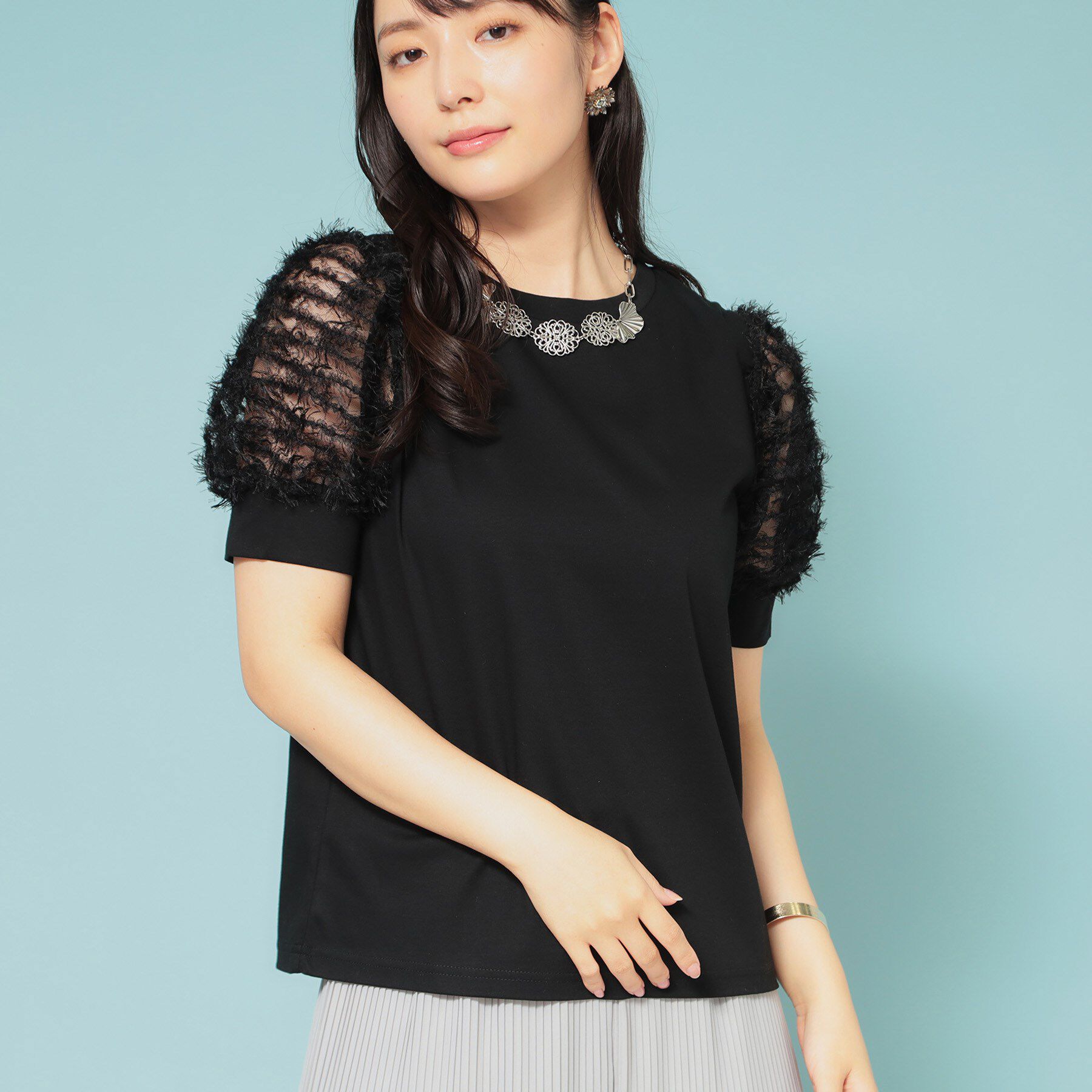 SunaUna「【秋まで着られる／袖チュール】パフスリーブカットソー」|Tシャツ・カットソー|