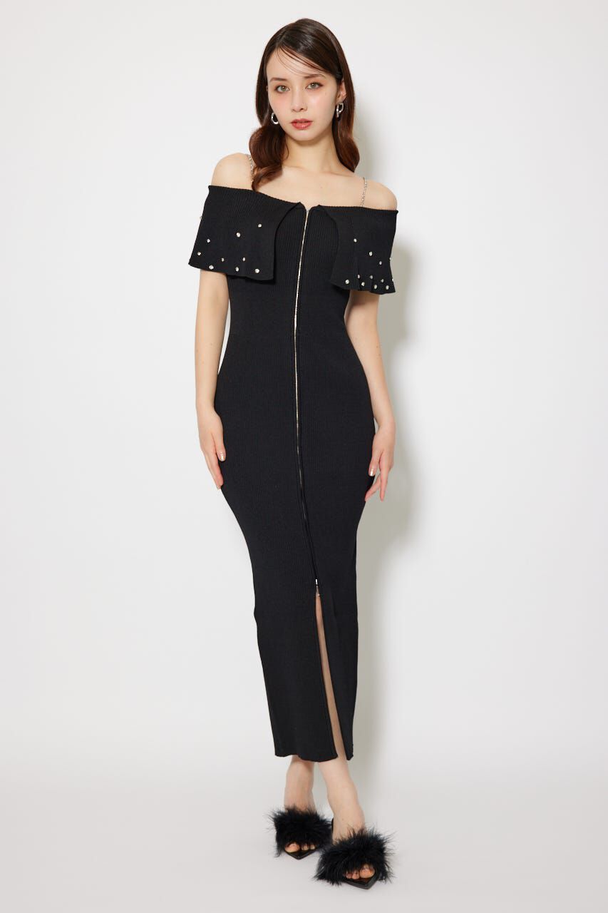 rienda「2WAYオフショルビジューカラーハーフスリーブニットワンピース」|ワンピース|