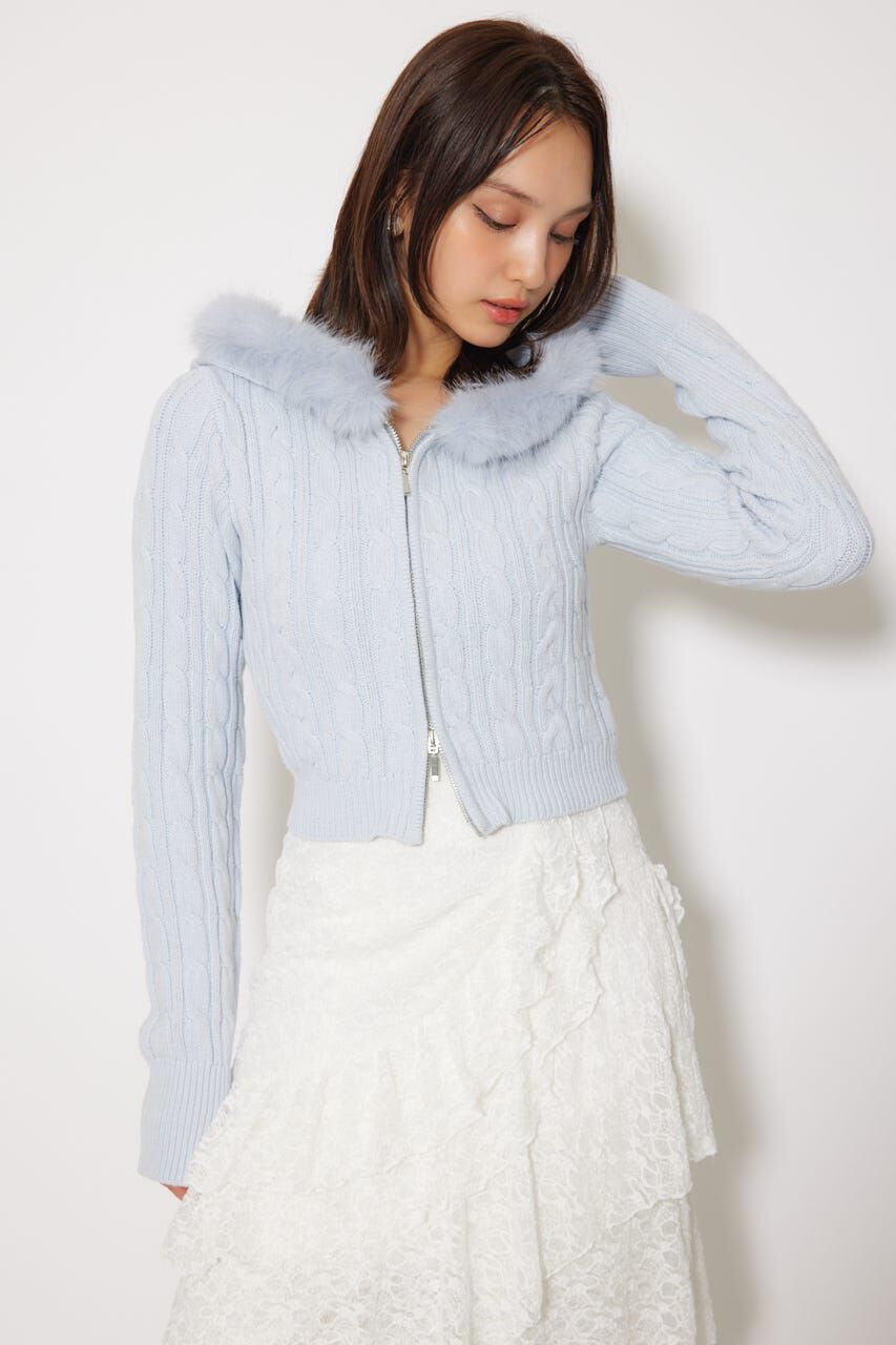 rienda「フードフェイクファーケーブルニットカーディガン」|カーディガン|