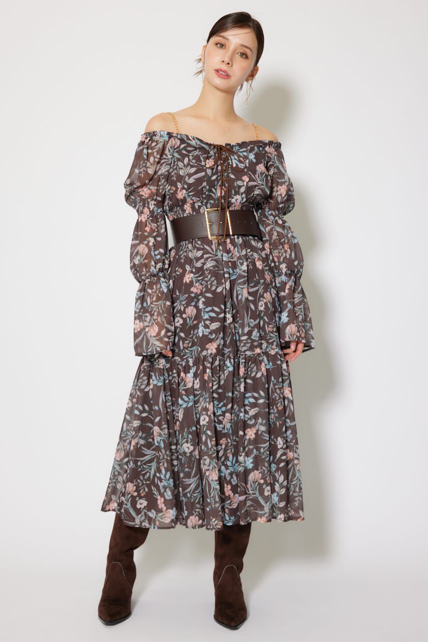 rienda「レースアップフラワーパターンフレアワンピース」|ワンピース|BRN