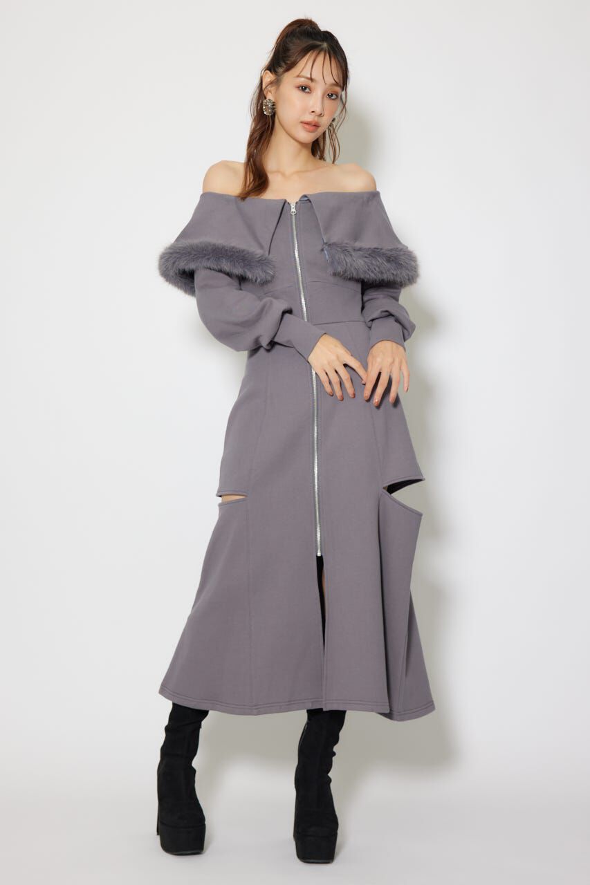 rienda「フェイクファー付きカッティング裏起毛ワンピース」|ワンピース|GRY